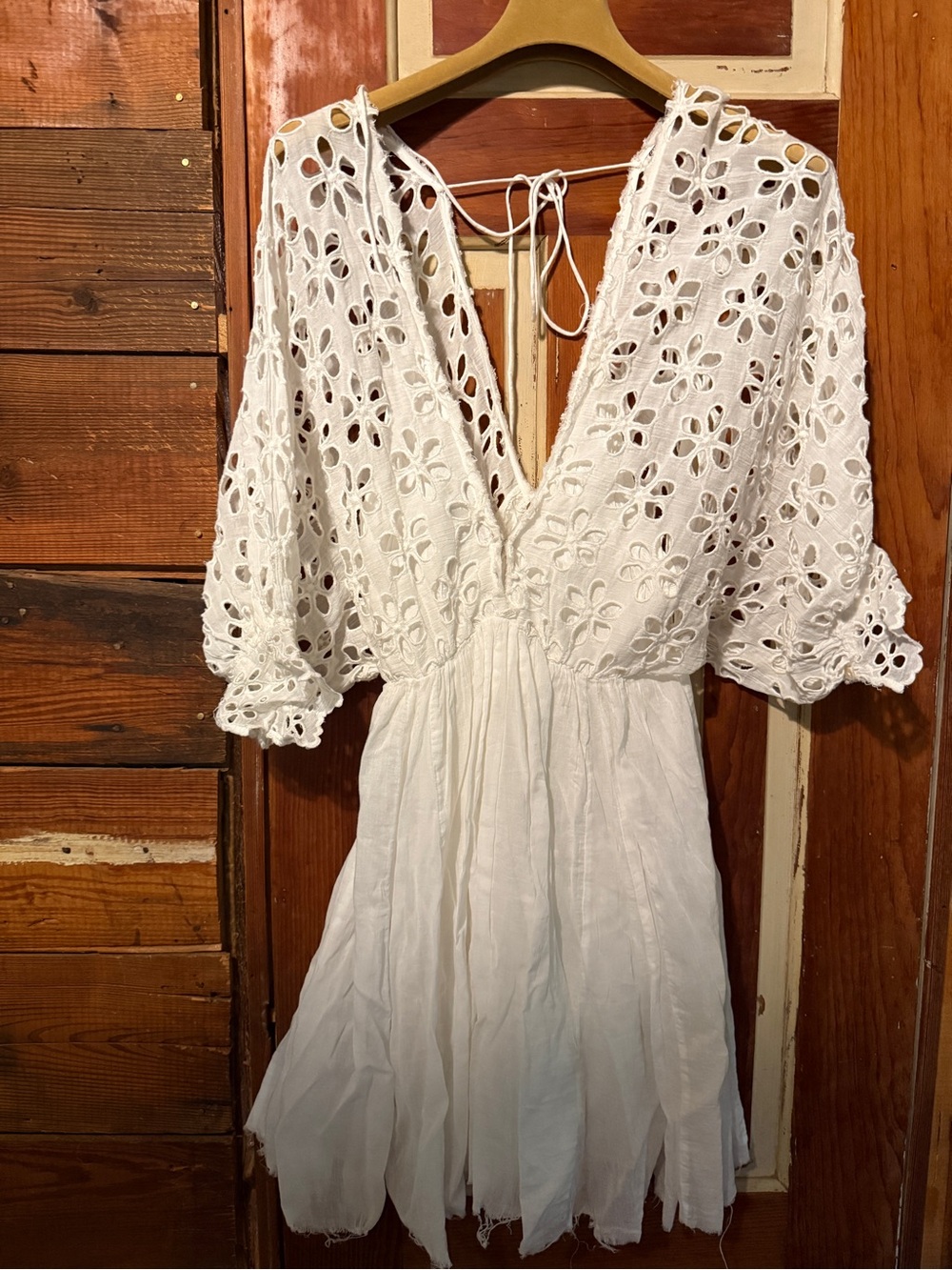 Free People White Eyelet Mini Dress with V-Neck Tie